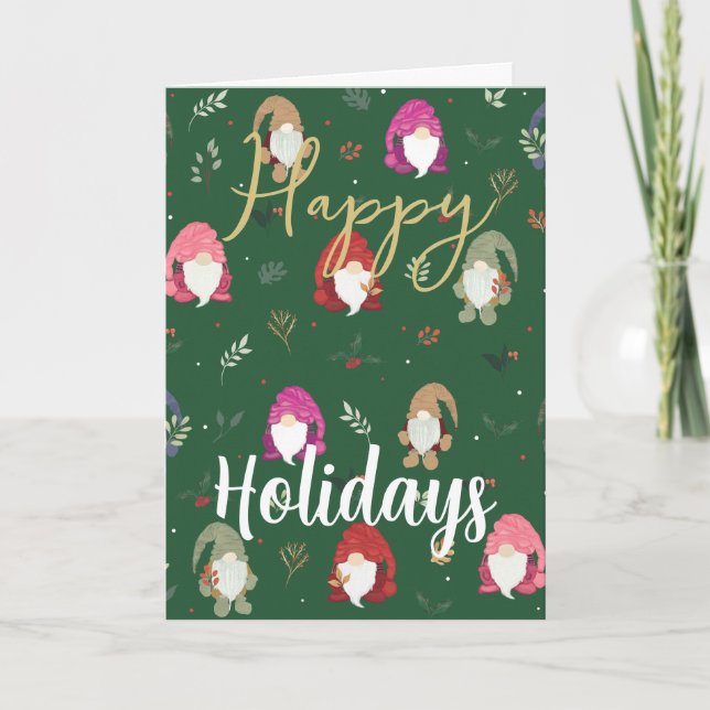 Cute Green Christmas Colourful Gnomes Card (Front)