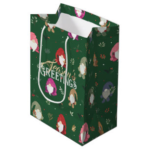 Cute Green Christmas Colourful Gnomes Medium Gift Bag