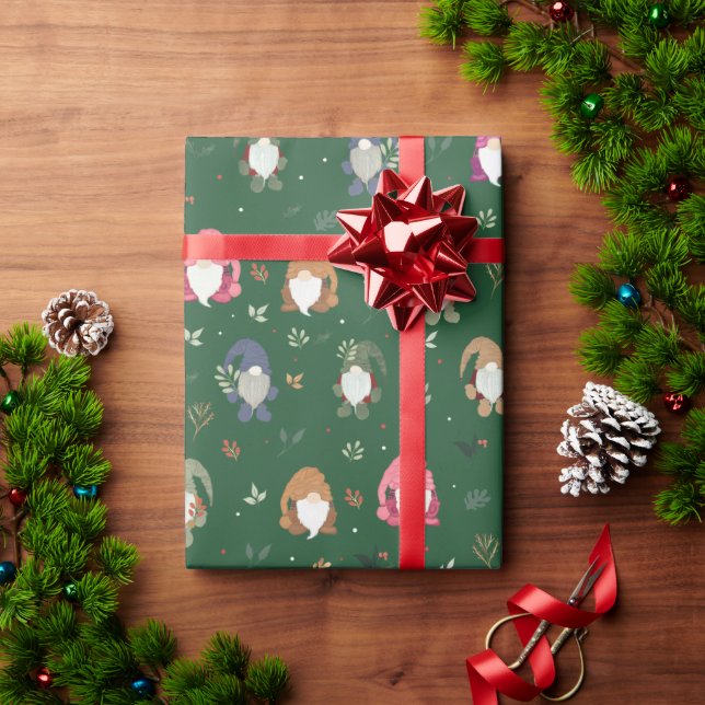Cute Green Christmas Colourful Gnomes Wrapping Paper (Holiday Gift)