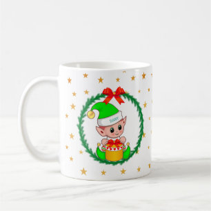 Cute Green Christmas Elf, Pine Wreath & Stars Coffee Mug