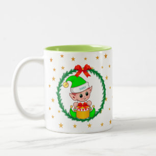 Cute Green Christmas Elf, Pine Wreath & Stars Two-Tone Coffee Mug