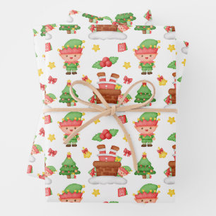 Cute Green Christmas Elf Wrapping Paper Sheet