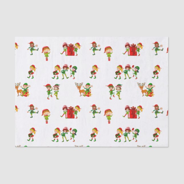 Cute Green Christmas Elves with Presents Tissue Paper (Front)
