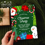 Cute Green Christmas Party Santa & Snowman Invitation<br><div class="desc">Invite guests to your Christmas party with this cute green holiday invitation featuring Santa Claus,  snowman,  presents,  candy canes,  Christmas trees,  ornaments,  a snowy border frame & a cute pattern on the back.</div>