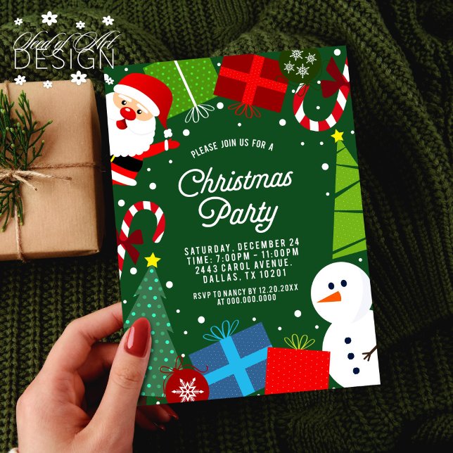 Cute Green Christmas Party Santa & Snowman Invitation (Creator Uploaded)