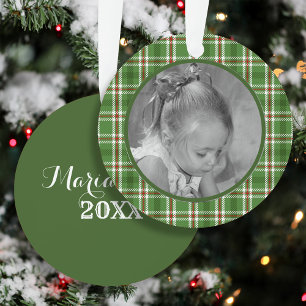 Cute Green Christmas Plaid Holiday Photo Ornament 
