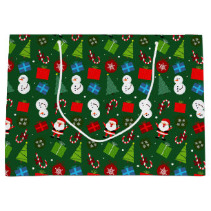 Cute Green Christmas Santa & Snowman Pattern Large Gift Bag