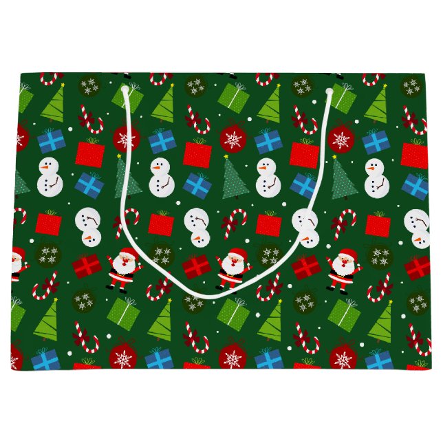 Cute Green Christmas Santa & Snowman Pattern Large Gift Bag (Front)