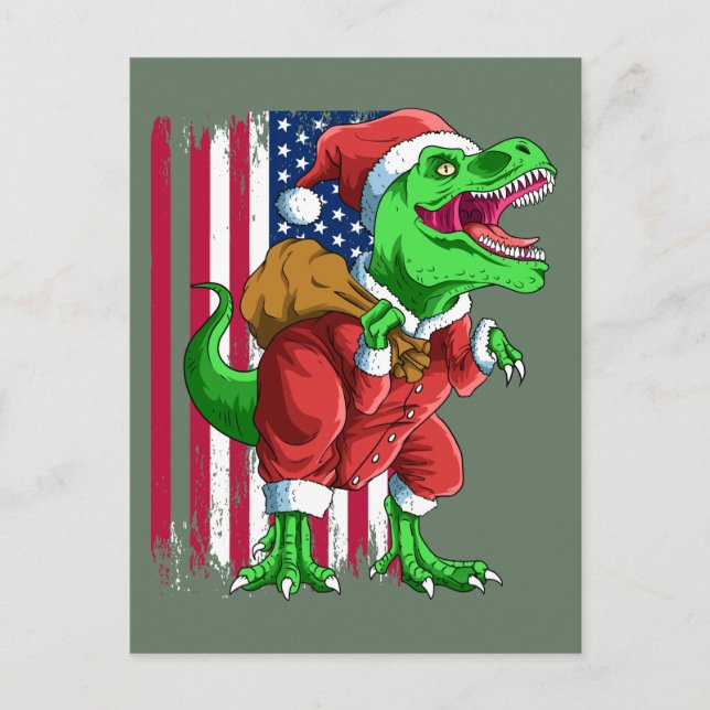 Cute Green Christmas Santa TRex Tyrannosaurus Xmas Holiday Postcard (Front)