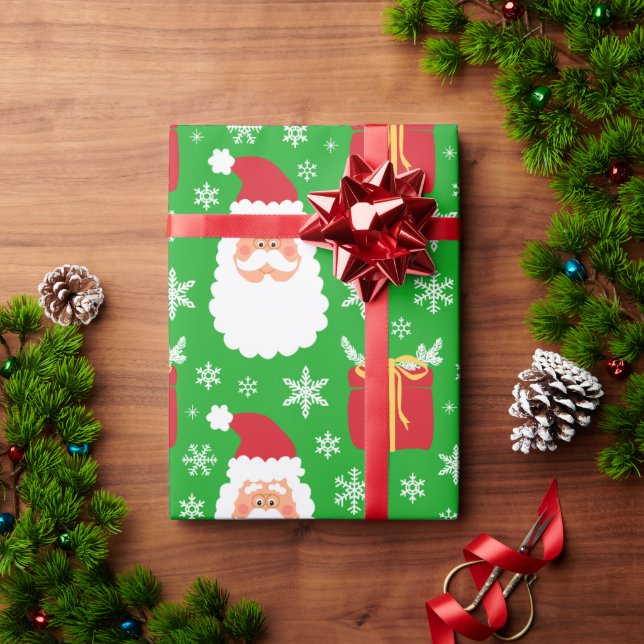 Cute green Christmas Santa with gifts&snowflakes Wrapping Paper (Holiday Gift)