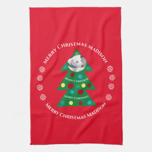 Cute Green Christmas Tree Celebration Holiday Red Tea Towel