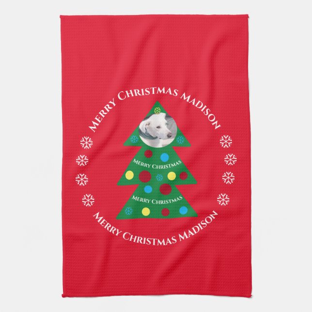 Cute Green Christmas Tree Celebration Holiday Red Tea Towel (Vertical)