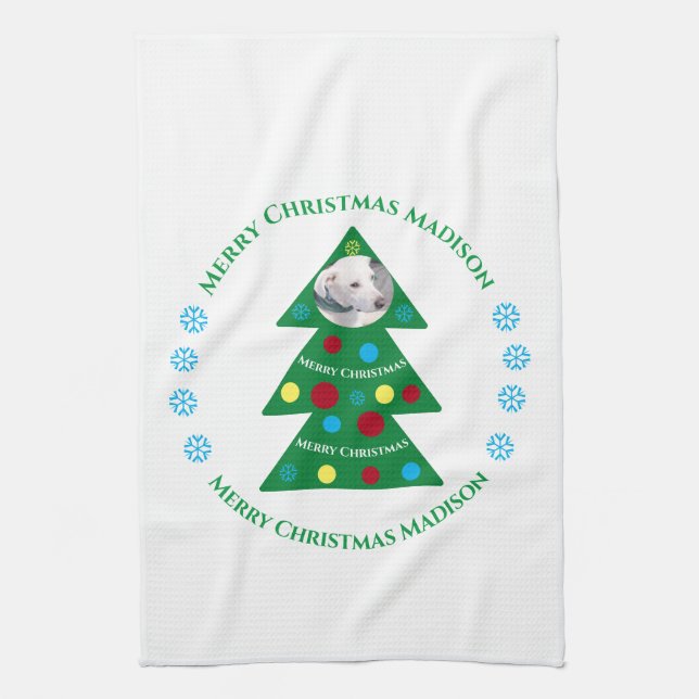 Cute Green Christmas Tree Celebration Holiday Tea Towel (Vertical)