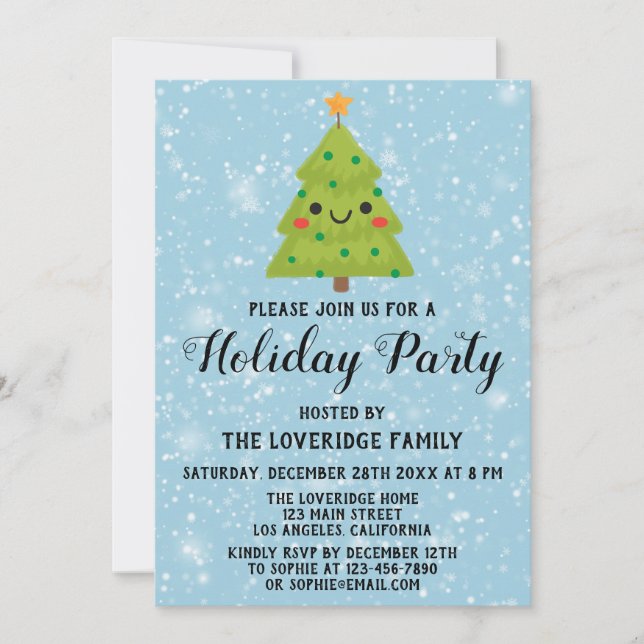Cute Green Christmas Tree Holiday Party Blue Snow Invitation (Front)