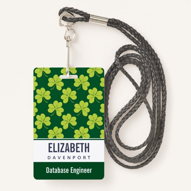 Cute Green Clover Pattern ID Badge (Front with Lanyard)