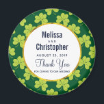 Cute Green Clover Pattern Wedding Magnet<br><div class="desc">A wedding magnet with a cute repeating pattern with olive green clovers on a dark green background. A white circle with a faux gold foil border layered over top with your text inside.</div>