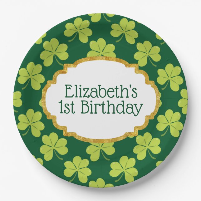 Cute Green Clover Shamrock Pattern Birthday Paper Plate (Front)