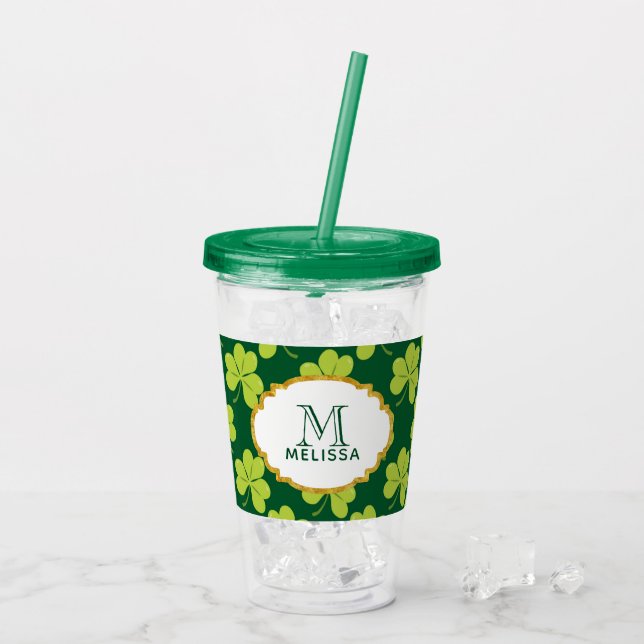 Cute Green Clover Shamrock Pattern with Monogram Acrylic Tumbler (Back Ice)