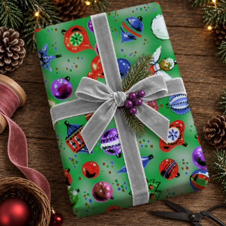 Cute Green Colourful Retro Christmas Ornaments Wrapping Paper