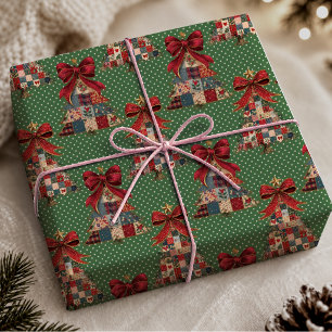 Cute Green Coquette Patchwork Polka Dots Christmas Wrapping Paper