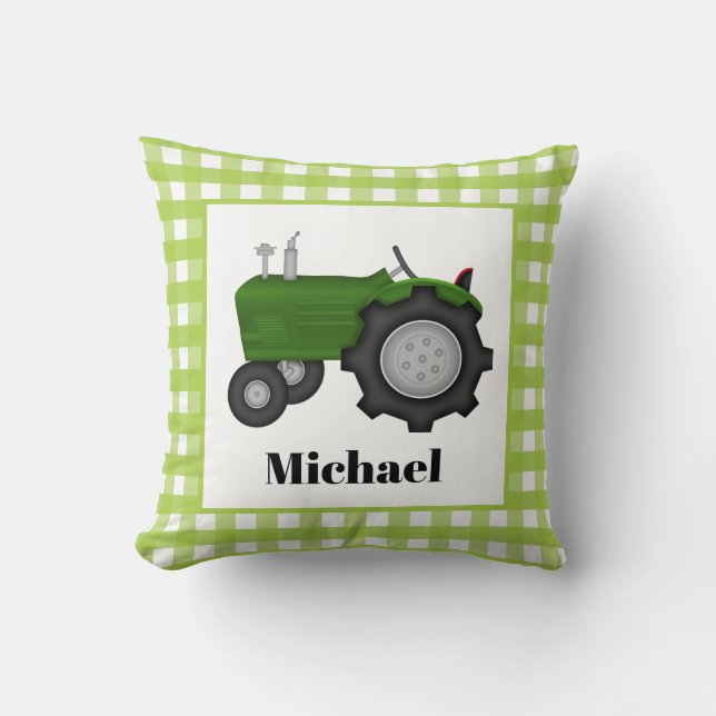Cute green Country Farm tractor add name Cushion (Front)