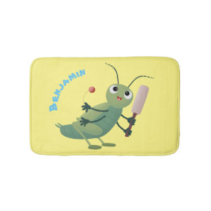 Cute green cricket insect cartoon illustration bath mat