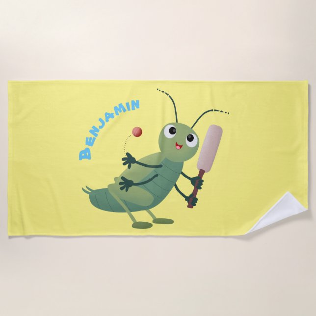 Cute green cricket insect cartoon illustration beach towel (Front)