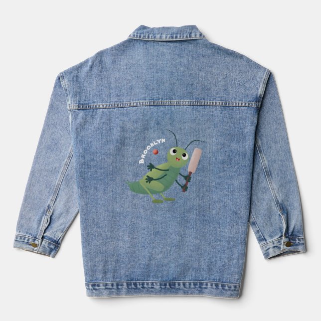 Cute green cricket insect cartoon illustration denim jacket (Back)