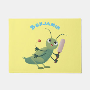 Cute green cricket insect cartoon illustration doormat