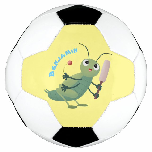 Cute green cricket insect cartoon illustration football (Front)