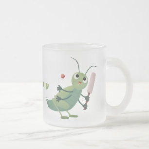 Cute green cricket insect cartoon illustration frosted glass coffee mug