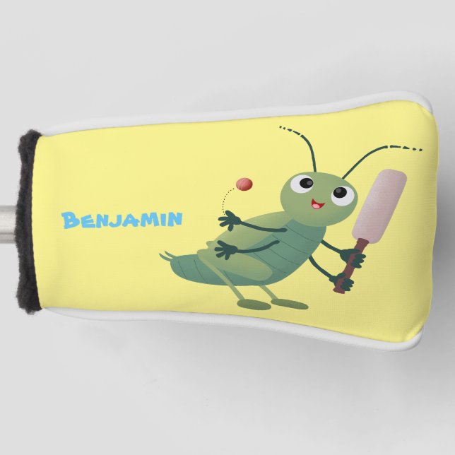 Cute green cricket insect cartoon illustration golf head cover (Front)
