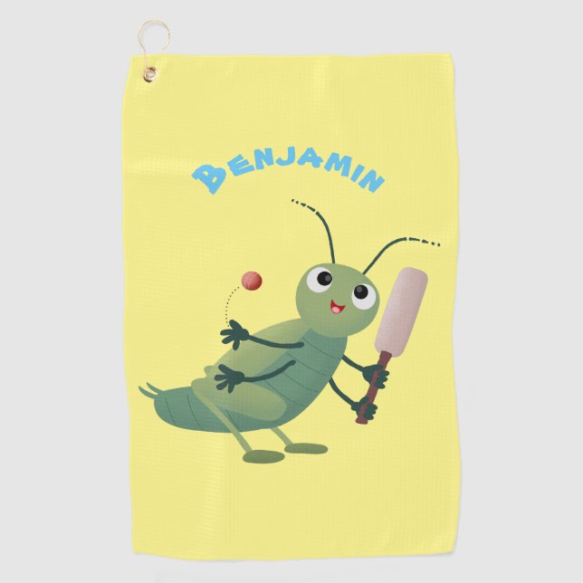 Cute green cricket insect cartoon illustration golf towel (Front)