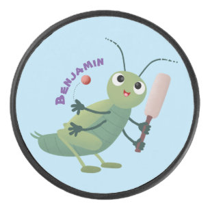 Cute green cricket insect cartoon illustration hockey puck