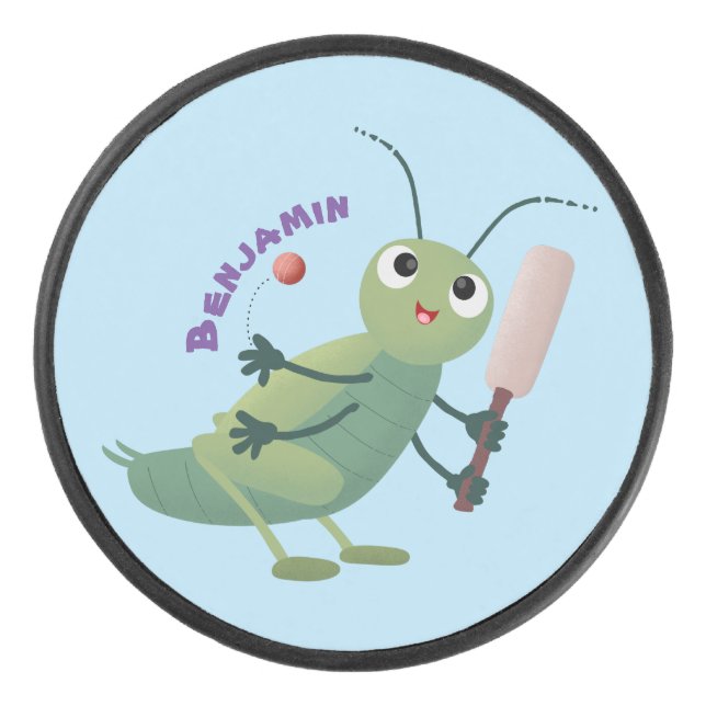 Cute green cricket insect cartoon illustration hockey puck (Front)