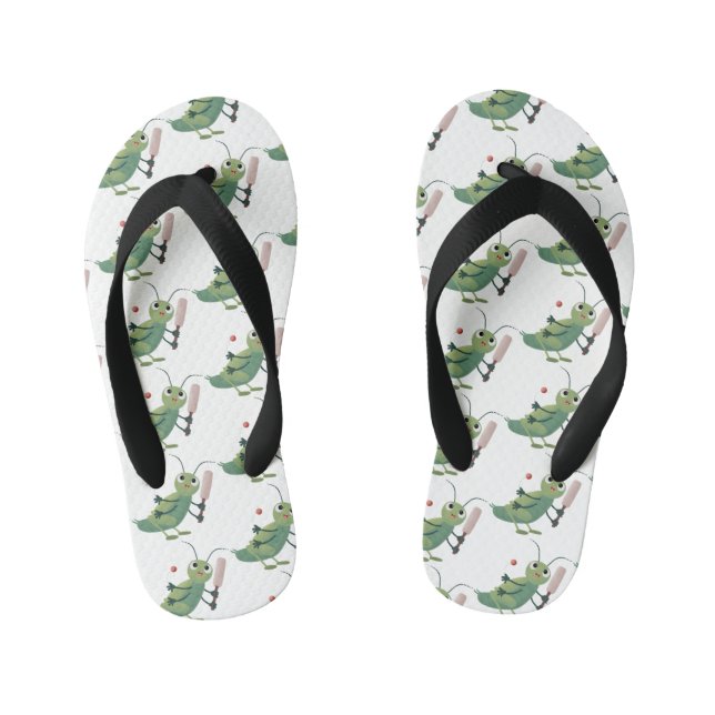 Cute green cricket insect cartoon illustration kid's flip flops (Footbed)