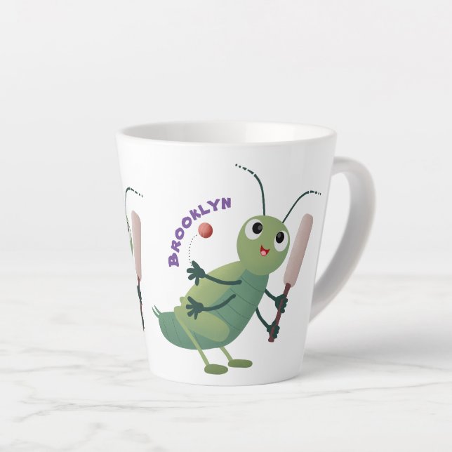 Cute green cricket insect cartoon illustration latte mug (Right Angle)