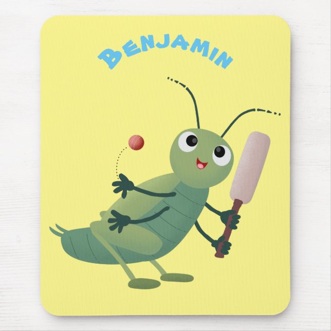 Cute green cricket insect cartoon illustration mouse mat (Front)