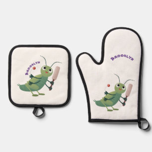 Cute green cricket insect cartoon illustration oven mitt & pot holder set