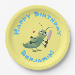 Cute green cricket insect cartoon illustration paper plate