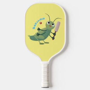 Cute green cricket insect cartoon illustration  pickleball paddle