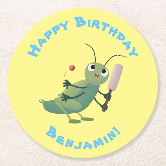 Cute green cricket insect cartoon illustration round paper coaster (Front)