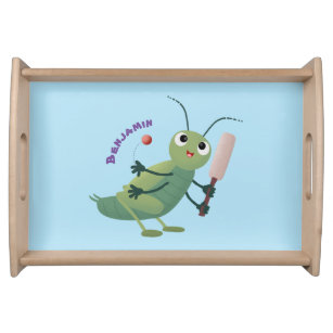 Cute green cricket insect cartoon illustration serving tray