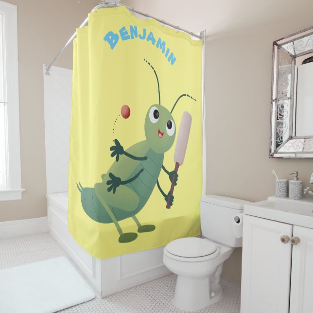 Cute green cricket insect cartoon illustration shower curtain (In Situ)