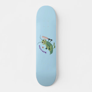 Cute green cricket insect cartoon illustration skateboard
