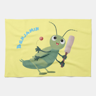 Cute green cricket insect cartoon illustration tea towel