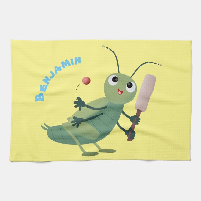 Cute green cricket insect cartoon illustration tea towel (Horizontal)