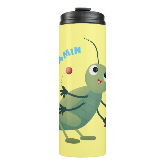 Cute green cricket insect cartoon illustration thermal tumbler (Front)