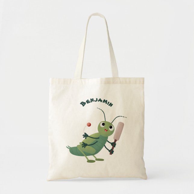 Cute green cricket insect cartoon illustration tote bag (Front)