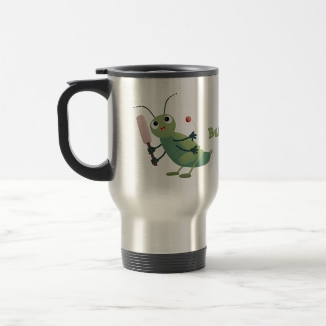 Cute green cricket insect cartoon illustration travel mug (Left)